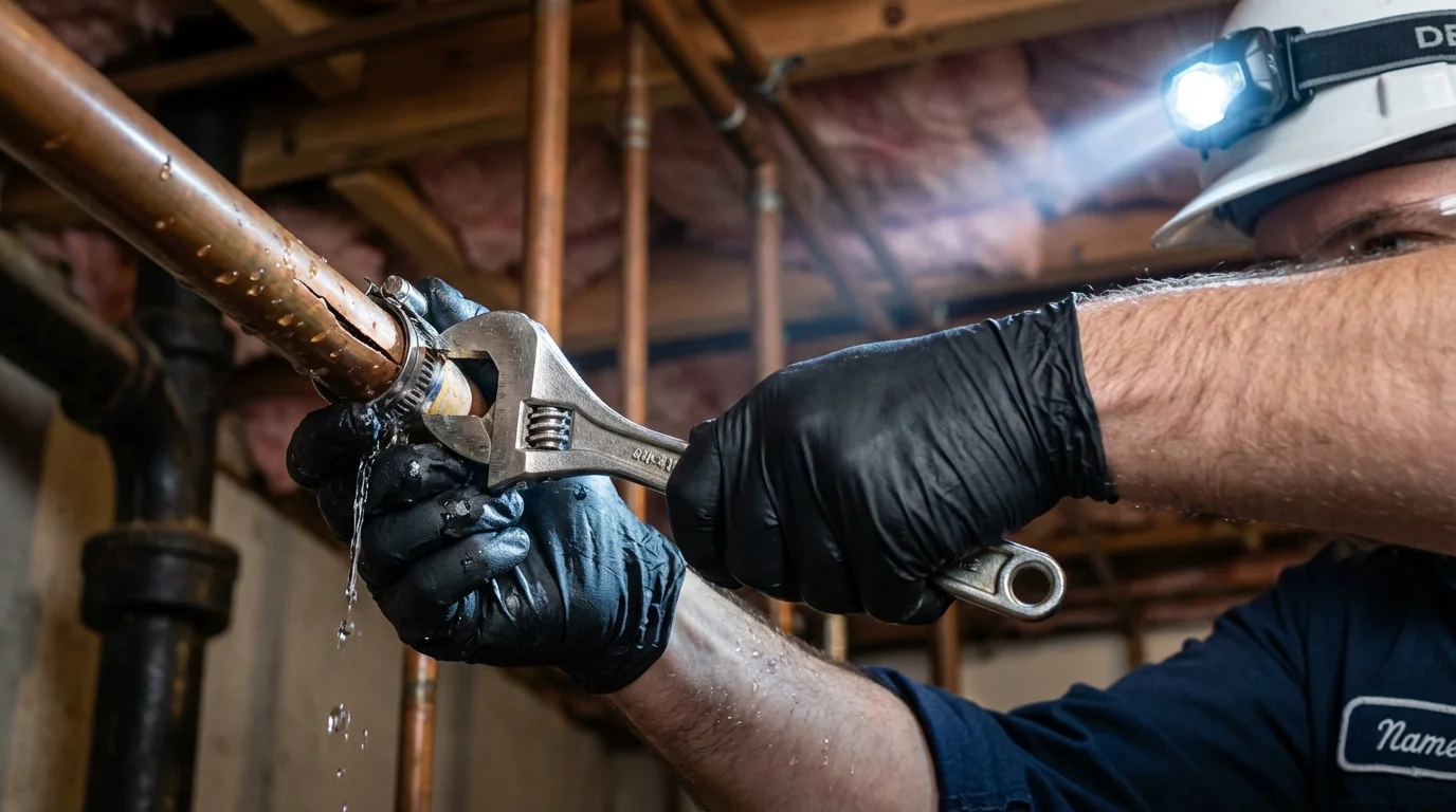 Emergency pipe clamp repair being performed by a Johns Plumbing LLC plumber in Willow Springs