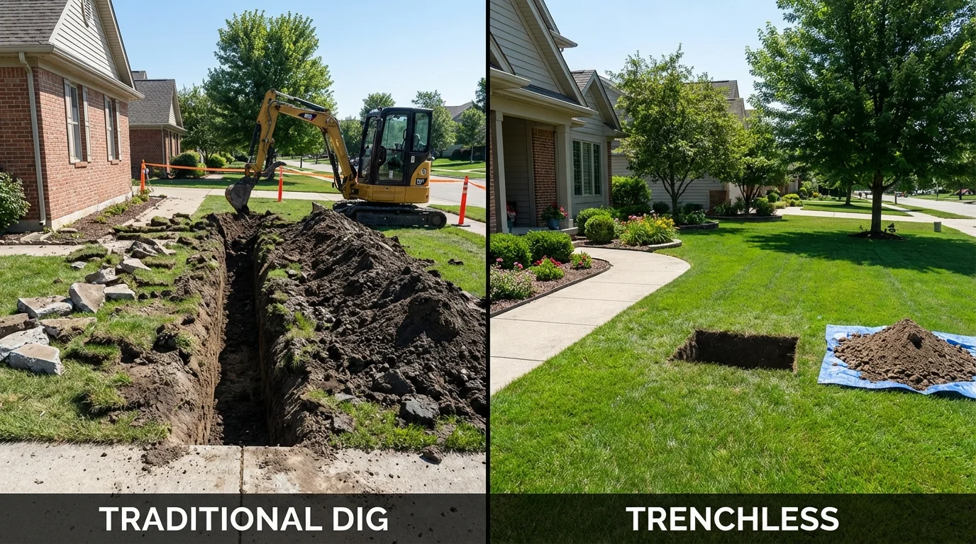 Trenchless sewer repair with minimal yard damage versus traditional excavation in Willow Springs, IL