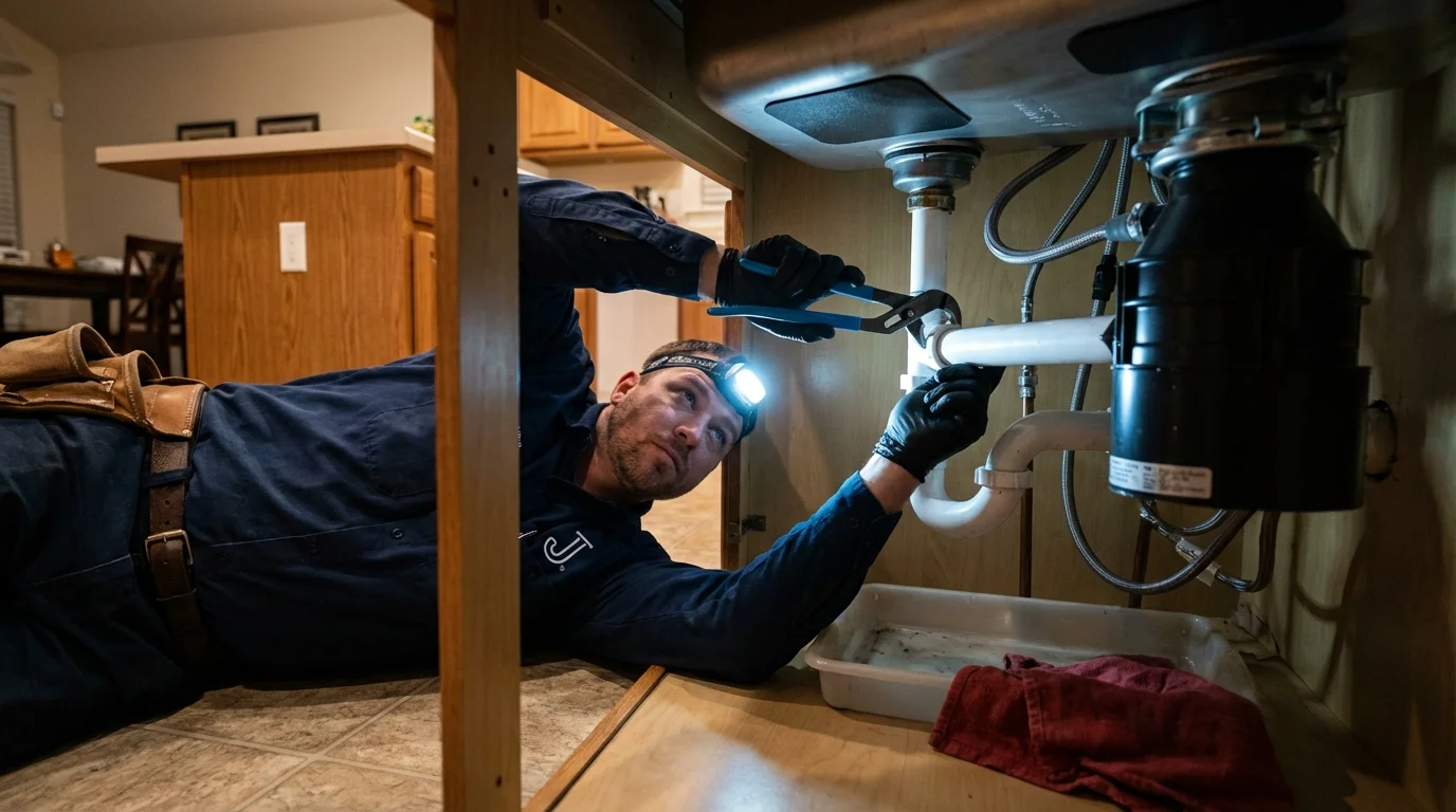 P-trap and supply line connections under a kitchen sink showing a common leak point in Willow Springs, IL